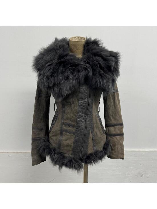 Only Jackets & Blazers - Vintage ONLY Grey Suede Funnel-Neck Fox Fur Jacket